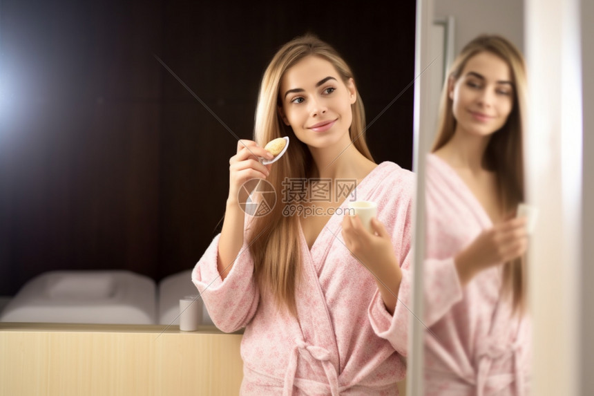 穿着睡衣照镜子的女人图片