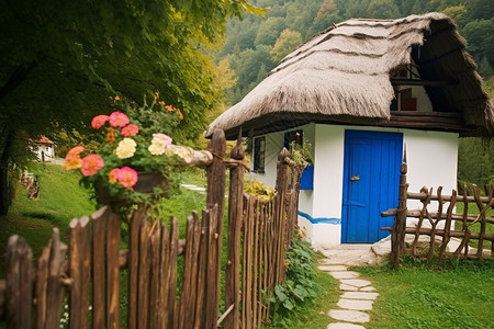 门口有美丽绿植的小屋图片