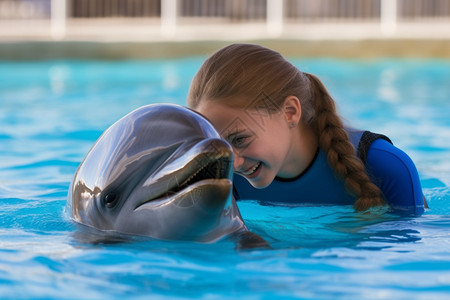 小女孩与海豚玩耍图片