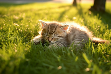 草地上享受阳光的猫咪背景图片