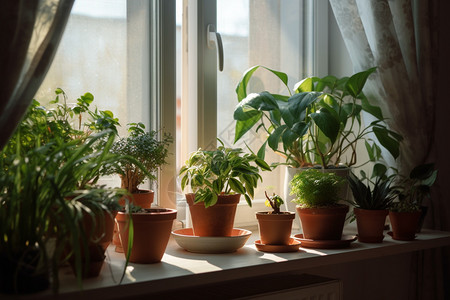 窗台上的绿植盆栽图片