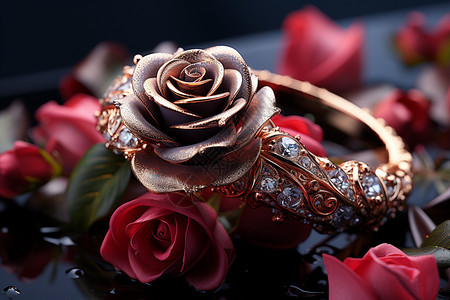 玫瑰花旁的钻石戒指图片