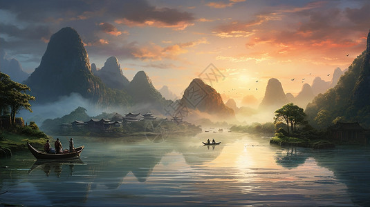 日落时湖面上的渔船图片