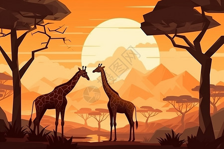 哺乳动物落日下的长颈鹿插画