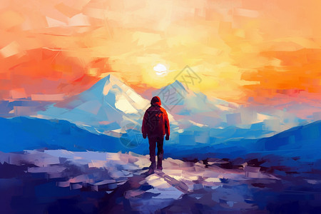 雪山中的徒步者艺术插图图片