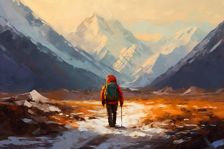 山中孤独的徒步者创意插图图片