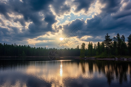 水平面傍晚的落日和湖面背景