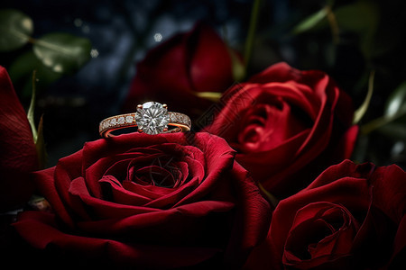 红玫瑰上的钻石戒指图片