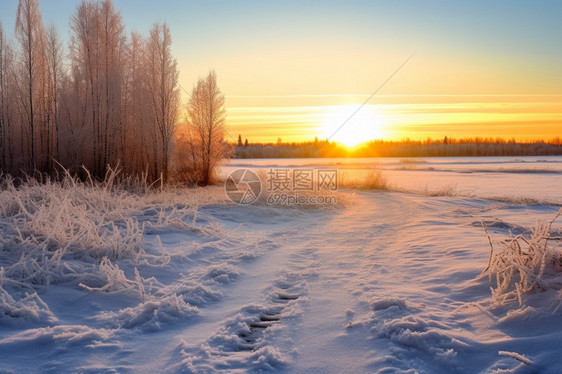 日出雪地风景图片