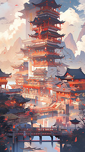 寺庙插画细节满满的建筑画背景