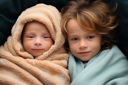裹着毯子的婴儿与哥哥图片