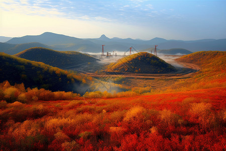 石油石化草原远处的石油工厂背景