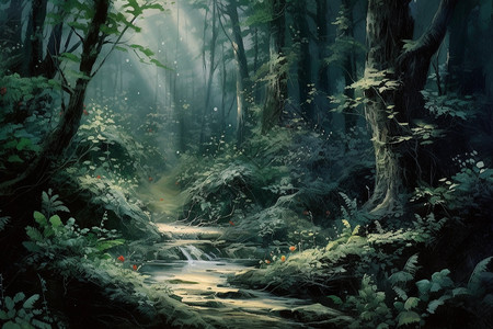 夜晚森林的油画插图背景图片