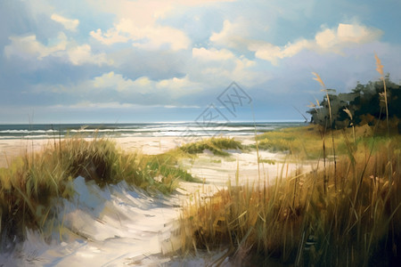 手绘创意海滩油画插图背景图片