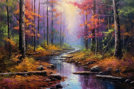 手绘油画风格的秋天森林背景图片