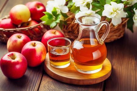 苹果采摘桌子上的苹果和苹果汁背景