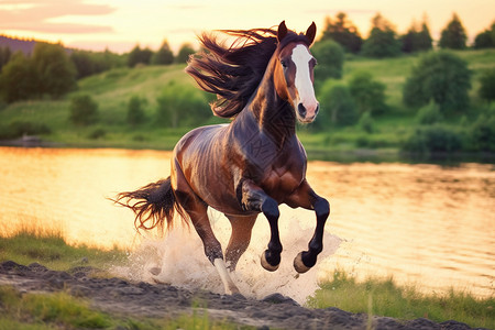 夏季河边奔跑的骏马高清图片