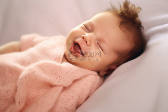 靠在床上微笑的婴儿图片