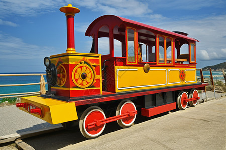 一辆红黄色观光火车图片
