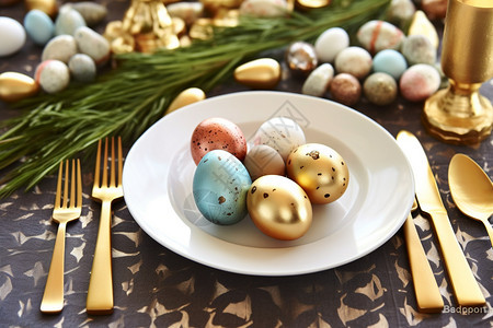 盘子中的复活节彩蛋背景图片