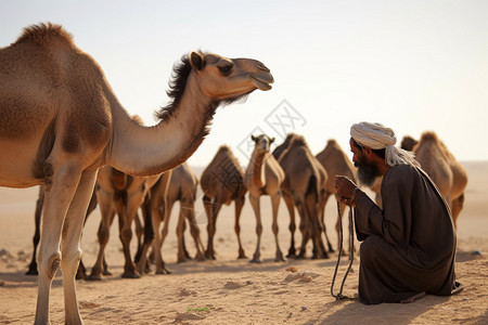 沙漠里的骆驼群图片