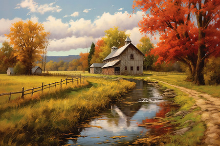 油画风秋天的农场图片