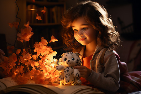 3D可爱的小女孩和她的宠物玩偶图片