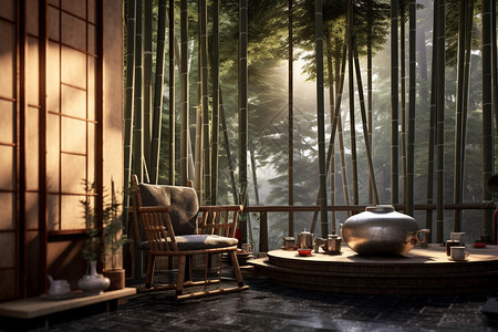 竹林中的茶馆风景图片