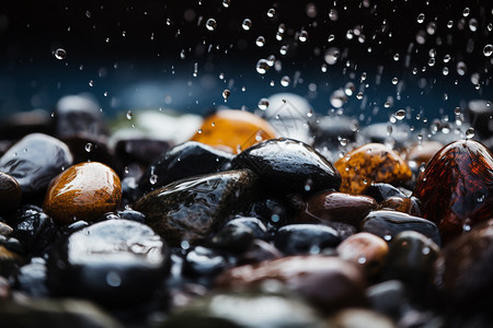 户外鹅卵石的雨滴和落叶图片