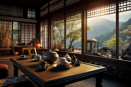户外美丽风景的茶馆图片