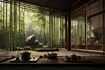 窗外一片宁静竹林的茶馆图片