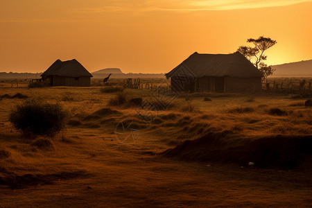 黄昏时村庄的景色图片