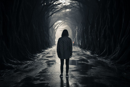黑暗树林通道里的女孩图片