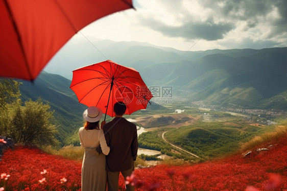 夫妇在红伞下图片