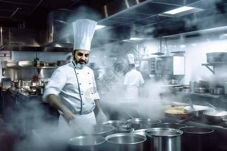 餐厅中专业烹饪的厨师背景图片