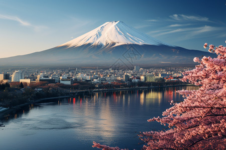 富士山下的城市背景图片