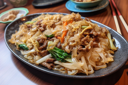 生炒牛肉饭饭店里的炒河粉背景