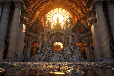 夕阳下罗马教堂的雕塑图片