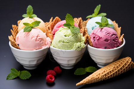 碗中的冰淇淋球高清图片