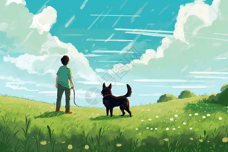 打伞站在草坪上商务男士背景图狗狗和主人在草坪上玩耍插画