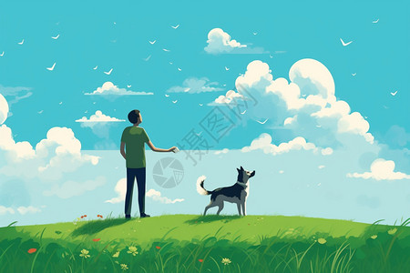 夏天草坪上遛狗的男人图片