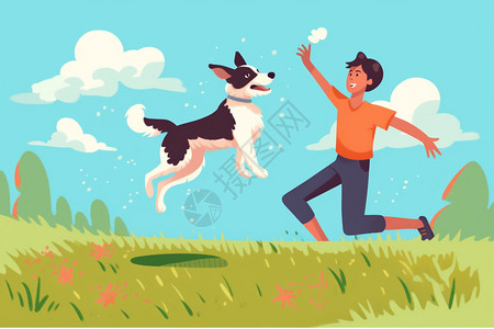 狗狗和主人草坪上和狗狗玩耍的男子插画