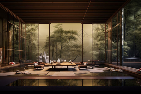 竹林中的新中式茶馆图片
