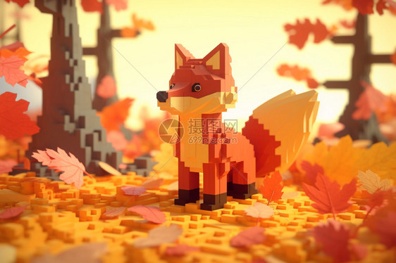 秋天丛林中的像素化狐狸图片