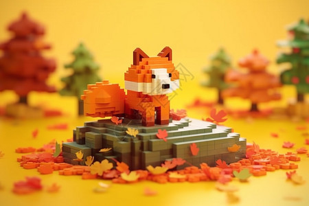 秋天丛林中的像素化狐狸图片