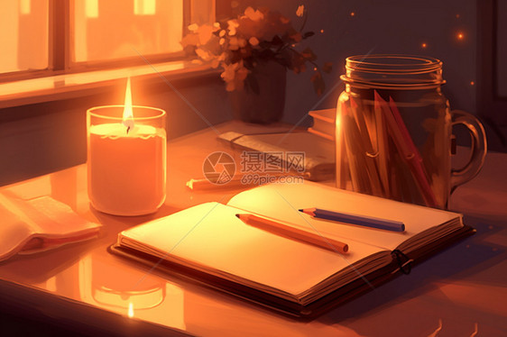 书桌上的本子和蜡烛图片