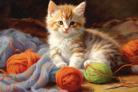 玩纱线的小猫油画图片