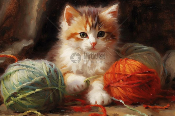 纱线堆里的猫咪油画图片