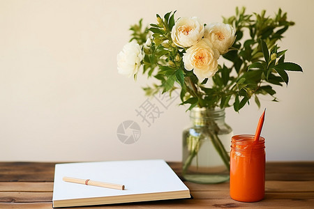 桌子上的花束和笔记本图片