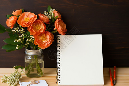 桌面上的笔记本和花束图片